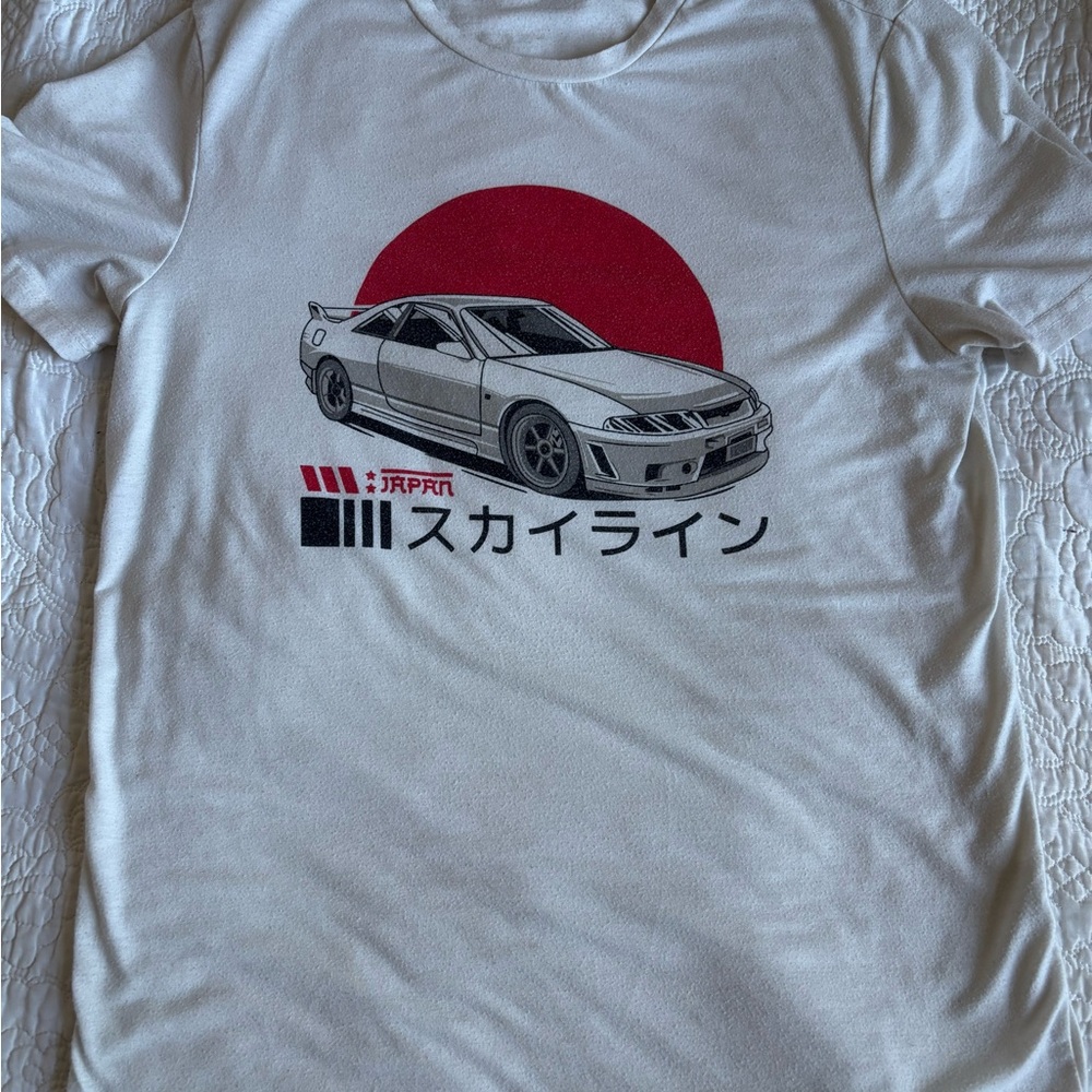 SHEIN White Tee with Red Graphic Car Design Size Medium